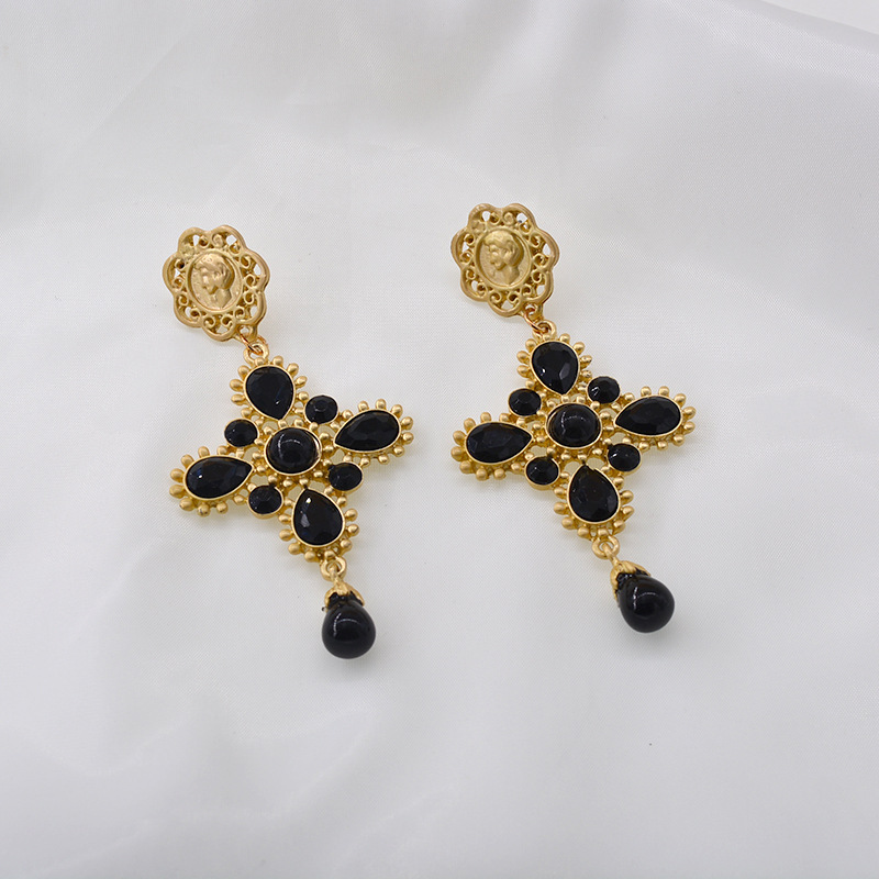 New Fashion Pearl Full Diamond Baroque Cross Palace Exaggerated Earrings display picture 5