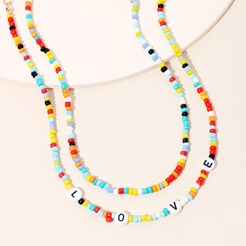 Fashion Retro Ethnic Style Necklace Simple And Sweet Love Letter Rice Beads Short Double Layer Necklace Wholesale Nihaojewelry display picture 5