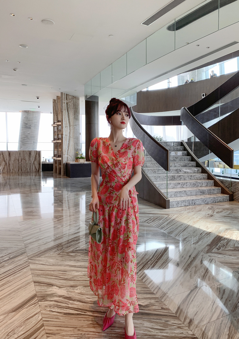 Đầm maxi nữ cổ V cao eo in họa tiết voan dài — Đỏ dưa hấu chi tiết 8
