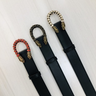 厂家直销女士二层牛皮皮带虎头酒神水钻平滑扣扣牛皮腰带女装腰带