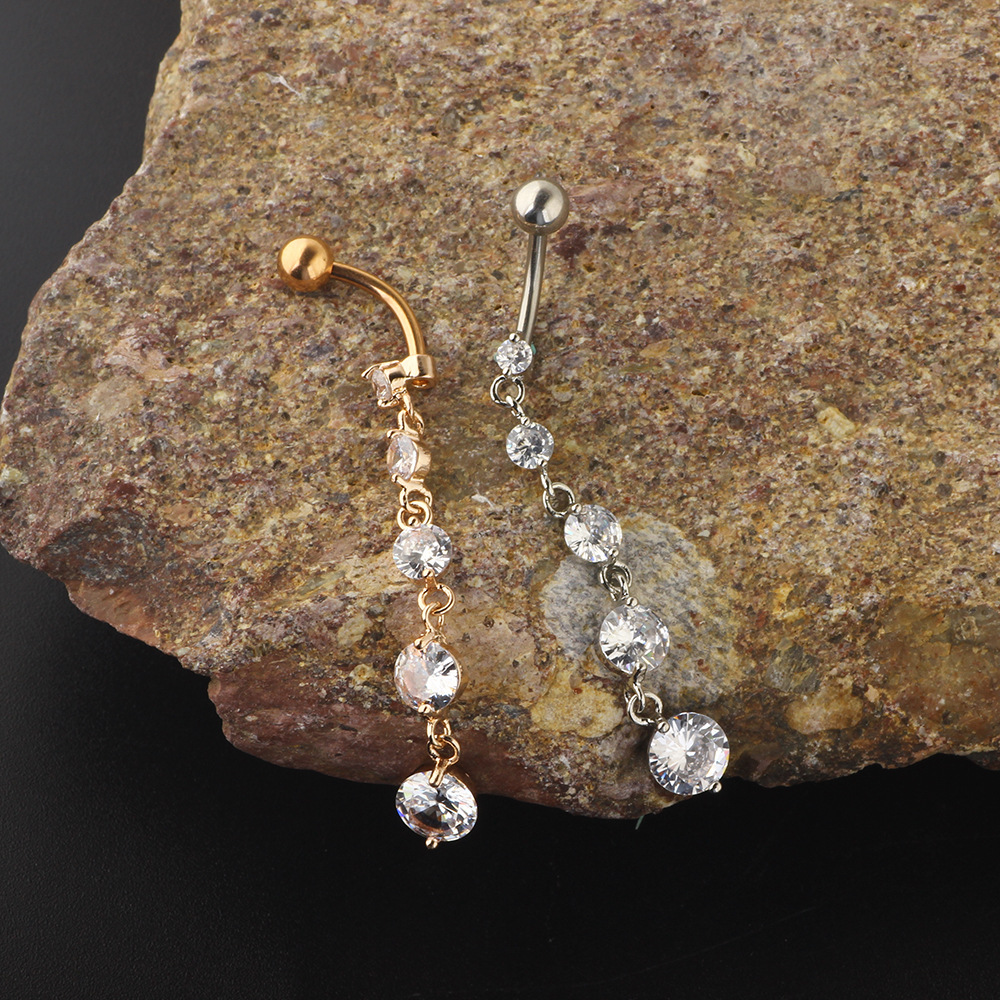 Luxury Zircon String Gold Pendant Belly Button Ring - Rose Gold 316L Surgical Steel Dangle Belly Ring detail image 8