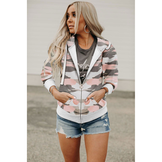 long-sleeved printed camouflage hooded zipper ladies jacket NSKX5946