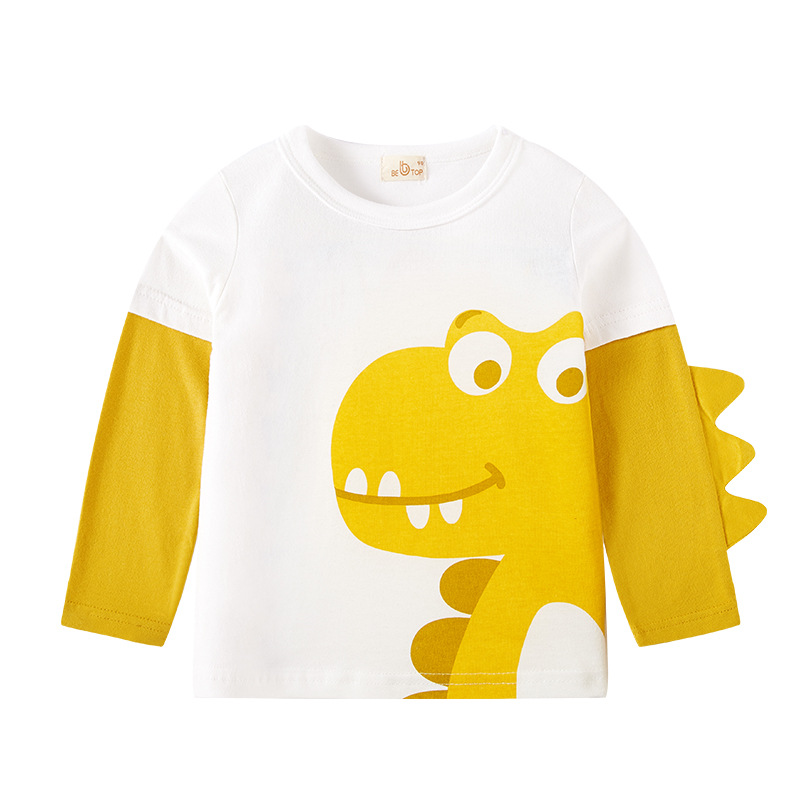 Serás las mejores ventas directas de fábrica de ropa para niños Nueva camisa de fondo para niños dinosaurio tridimensional de manga larga Camiseta entrega de una sola pieza