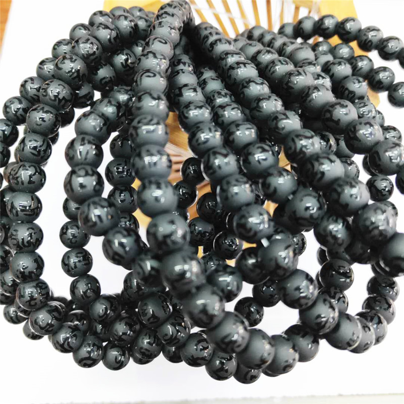 Factory direct sales of six-character mantra Buddhist prayer beads, wholesale of black matte stone semi-finished products with embossed characters, DIY jewelry and matching beads detail image 5