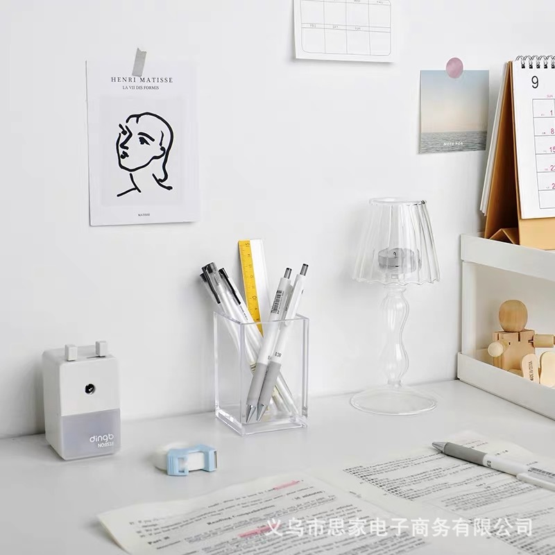 INS estilo transparente simple acrílico cuadrado pluma titular estudiante organizador de escritorio caja de almacenamiento cepillo de maquillaje Cubo de almacenamiento