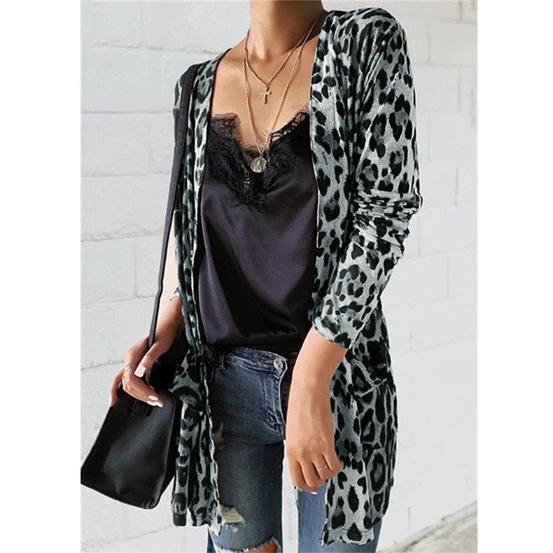 women s fall/winter new hot leopard print cardigan mid-length jacket NSKX5893