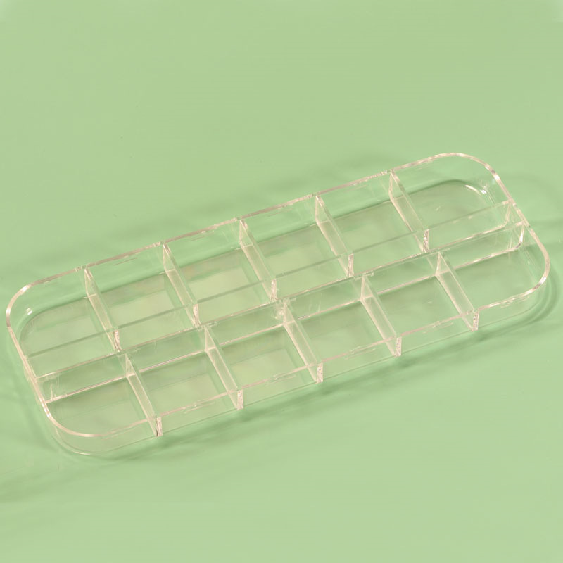 Fábrica al por mayor de uñas 12-rejilla larga caja de almacenamiento transparente acrílico joyería rhinestone caja de embalaje caja larga