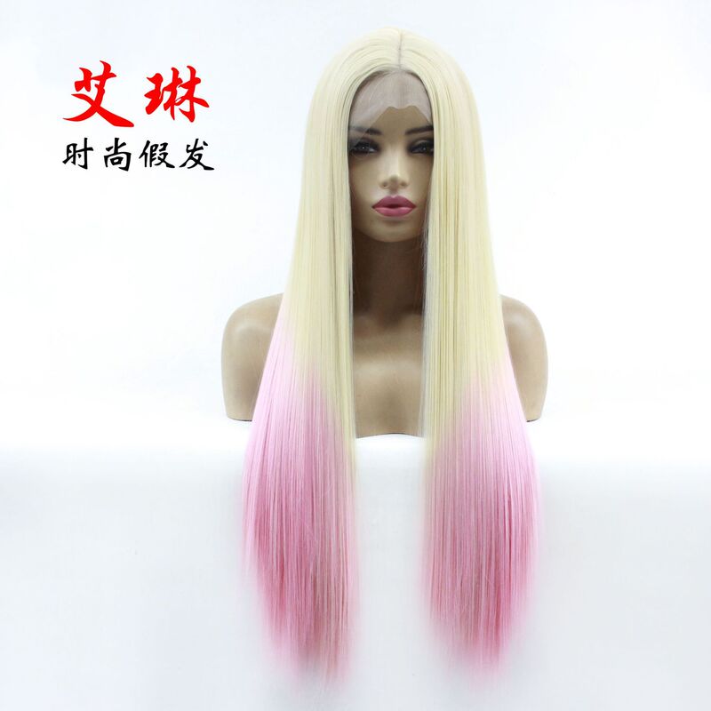 Amazon AliExpress hot 613# dyed pink long straight hair chemical fiber wig front lace headgear a generation of hair