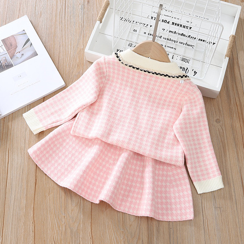 女童千鸟格小香风针织开衫外套毛线半身裙两件套女童针织套装裙