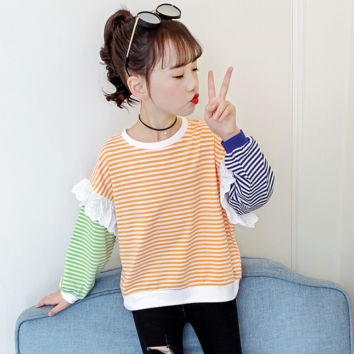 Girls long-sleeved T-shirt 2024 new spring and autumn style striped versatile tops contrasting color stitching girls T-shirt trendy