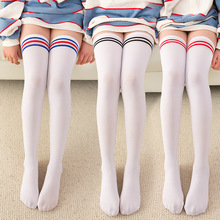 儿童袜子春夏两条杠天鹅绒女童中大童长筒袜白色过膝高筒袜子亲子