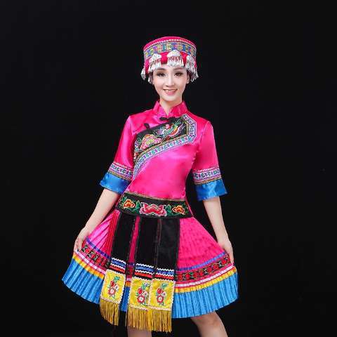 Women chinese miao hmong dance dresses red fuchsia blue Ethnic minority costumes Tu Yao Yi Zhuang costumes Miao Yun Guizhou costumes