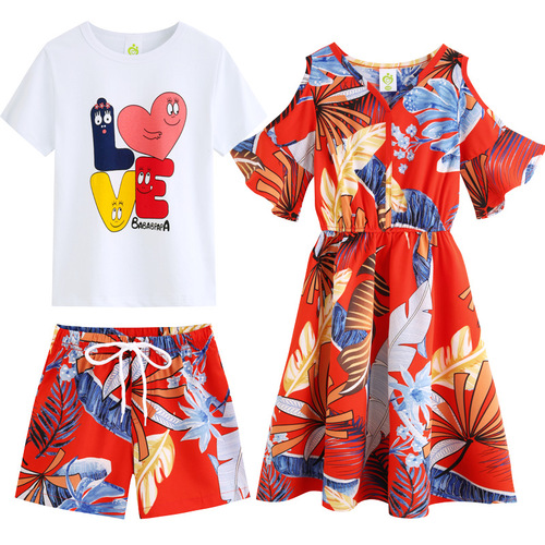 Summer parent-child clothing for a family of three, stylish mother-daughter dresses, beach and seaside vacation family short-sleeved T-shirt suits