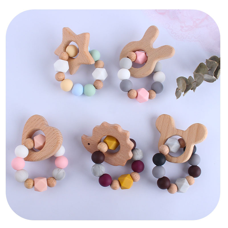 Amazon nuevo bebé de haya de juguete mordedor de dibujos animados animal mordedor de silicona cuentas chupete cadena anti-caída de la cadena