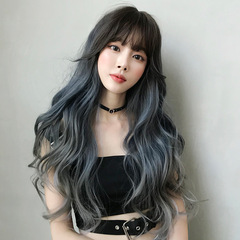 Cross-border new wig for women with long hair, big waves, gradient blue-gray full headgear, Internet celebrity popular full headgear wholesale