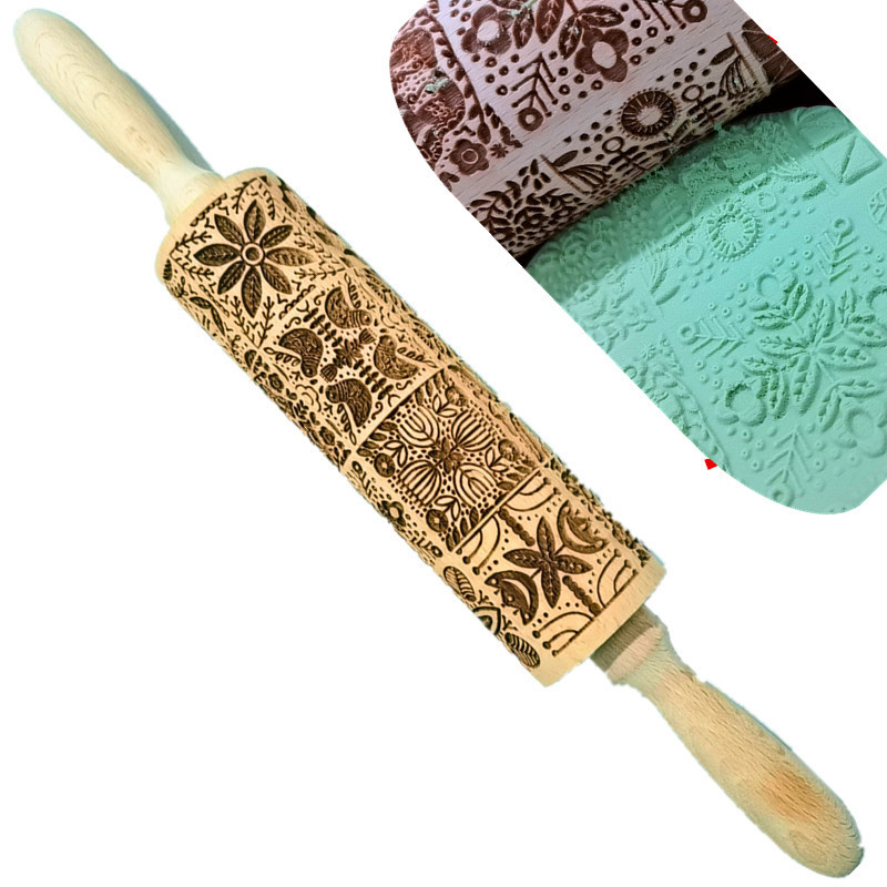 Madera Rolling pin haya grabado láser impresión Rolling pin relieve Rolling pin cuero Navidad fondant galleta presionando palo