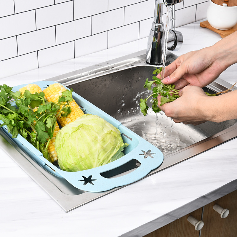 Estante de almacenamiento de fregadero de cocina cesta de drenaje retráctil hogar cesta de lavado de frutas y verduras paja de trigo tazón de plástico estante de palillos