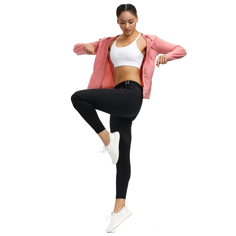 跨境女士速干防晒皮肤衣户外运动跑步健身瑜伽弹力连帽薄上衣外套