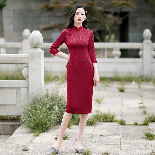 Chinese Dress Qipao for women cheongsam sleeve cheongsam pure double layer smooth satin long size cheongsam