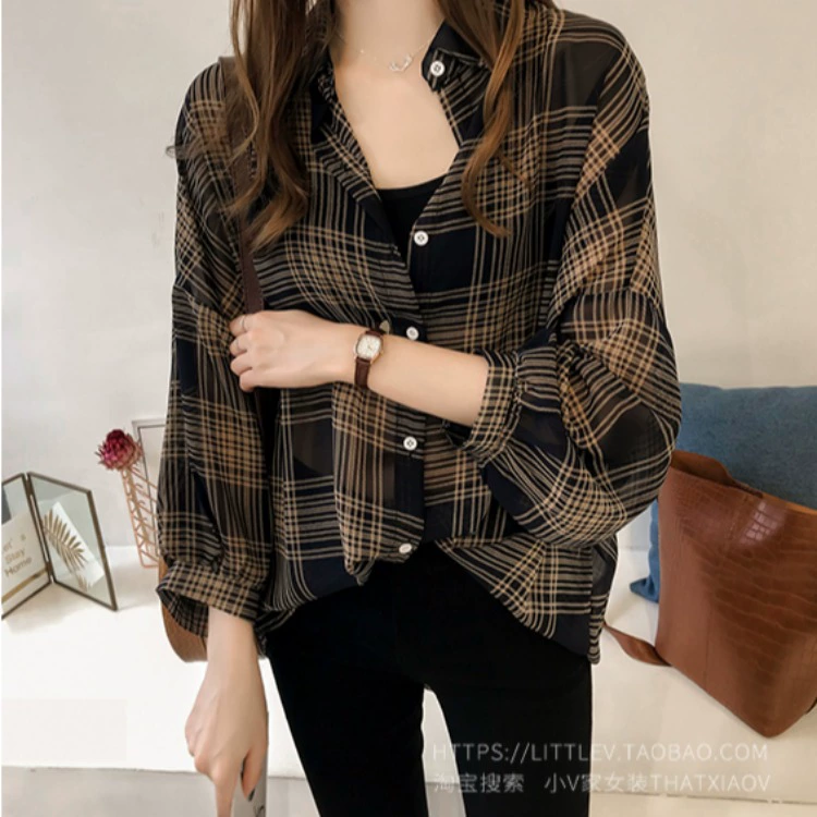 Ранняя осень Новая клетчатая рубашка больших размеров, Женская Топ с длинными рукавами в гонконгском стиле, шикарная рубашка, пальто 200 кг