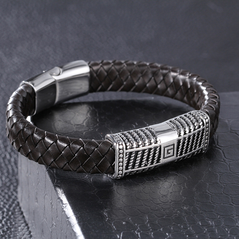 Men's Stainless Steel Leather Rope Bracelet Titanium Steel Leather Woven Retro Bracelet Magnetic Clasp Hand Jewelry