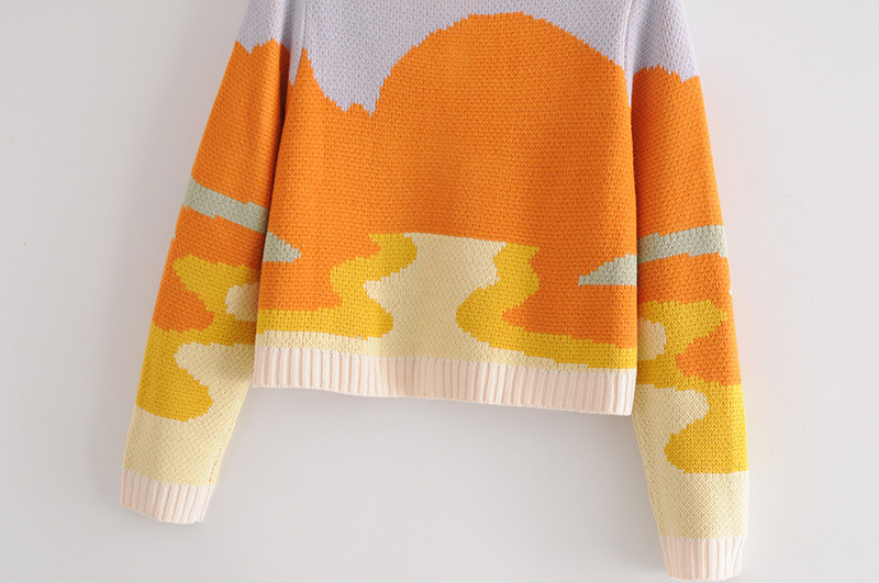 Sunset Oil Painting Sense Color Matching Jacquard Lapel Loose Short Knit Sweater NSAM4180