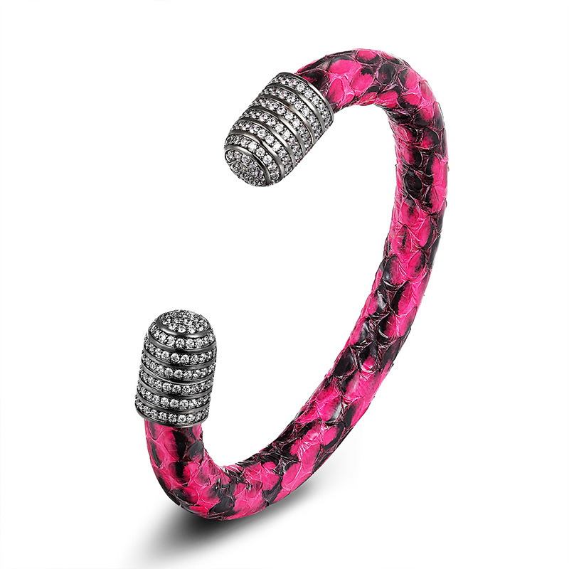 Environmentally Friendly Rose Red Python Leather DIY Hand-glued 9MM Round Rope Bracelet Imported Colorfulful Real Snakeskin Bracelet for Men