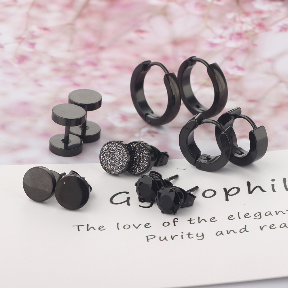 8mm Mixed Black Titanium Steel Ear Studs Set - 12 Pieces Fashion Floral Women Earrings 2023 Spring detail image 11