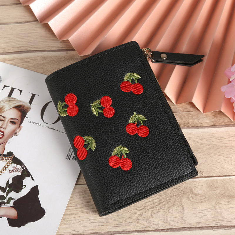 Vertical buckle cherry embroidered short fashion wallet new student simple fashion wallet in stock wholesale