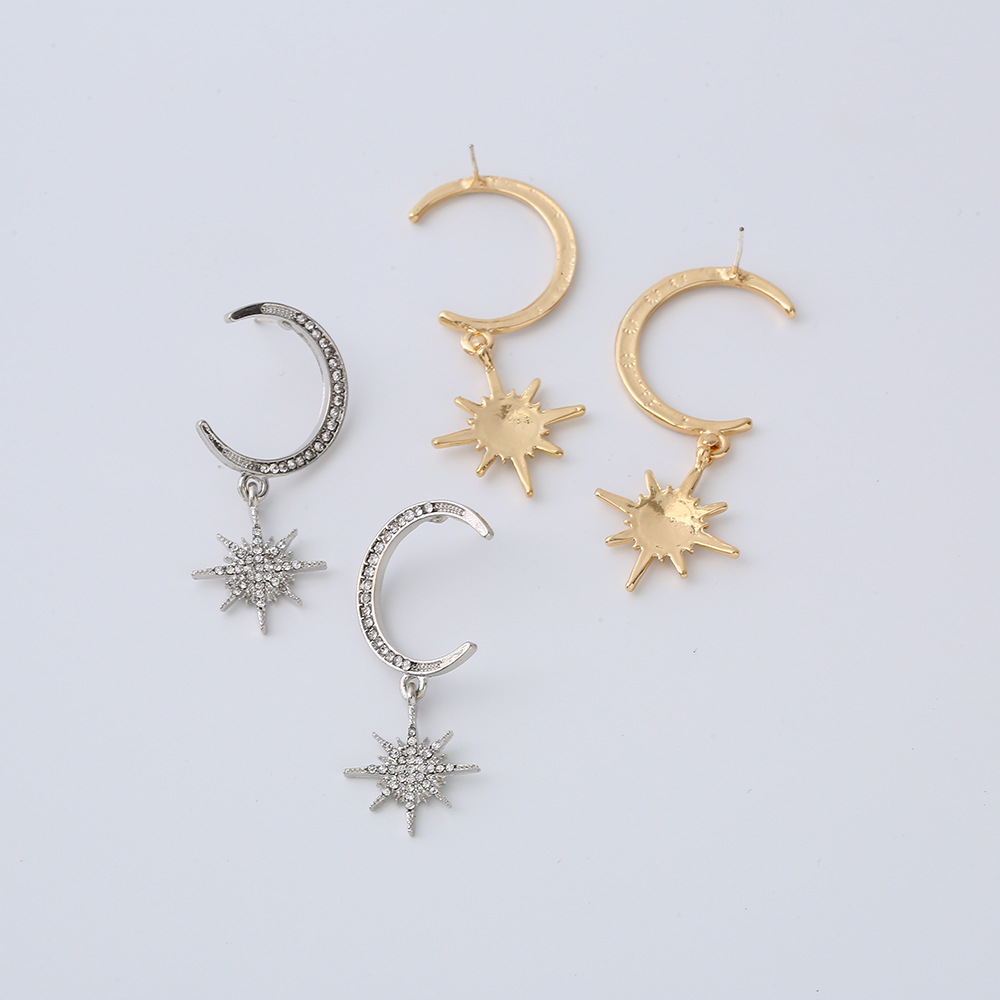 Fashion Simple Diamond Eight-pointed Star Moon Earrings Alloy Earrring Crescent Star Earrings S925 Silver Needle Earrings Nihaojewelry display picture 6