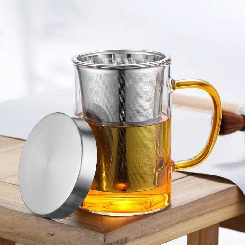 Vidrio de borosilicato fuga de acero taza de tres piezas separación de té taza de té Filtro de acero inoxidable de gran capacidad con fuga Taza con mango
