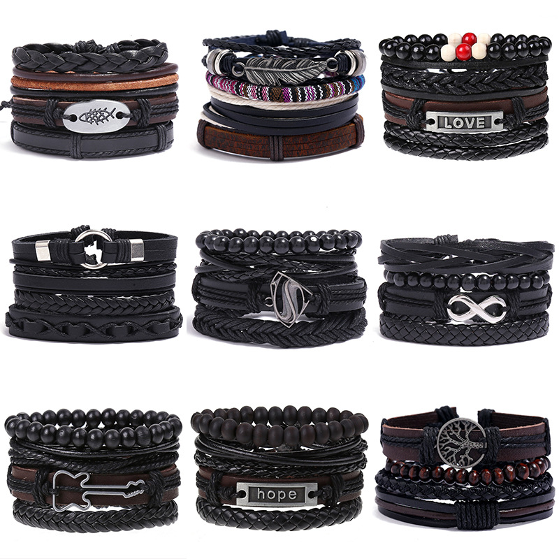 Europe and the United States cross-border explosion supply diy leather suit bracelet hand woven men's leather hand rope multi-layer bracelet