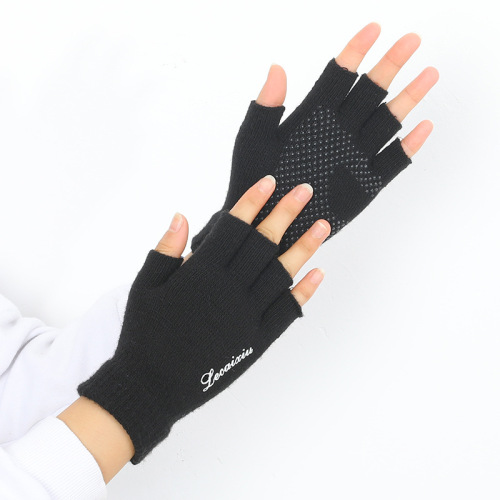 Anti-slip half-finger gloves for men and women in autumn and winter thin knitted wool student writing fingerless half-finger cycling gloves