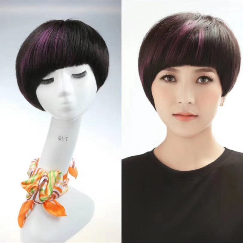 Perucas de cabello negro lavanda para mujeres de cabello completo de moda de mediana edad cabello corto cabello real transpirable