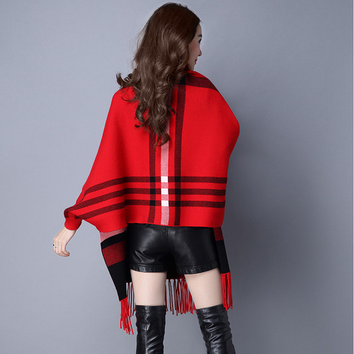 Autumn and winter factory direct sales knitted cape cloak for women thickened with sleeves spring and autumn fashion outer plaid shawl cross-border