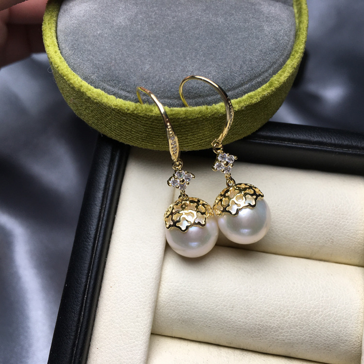 纯银镂空四钻淡水珍珠耳钩11-12mm微瑕ed024-x|ms