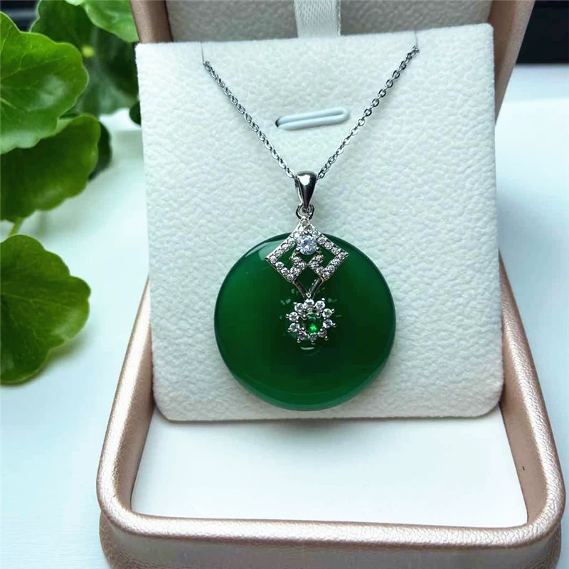 Stone inlay jade, pendant for beloved, chain, silver 925 sample