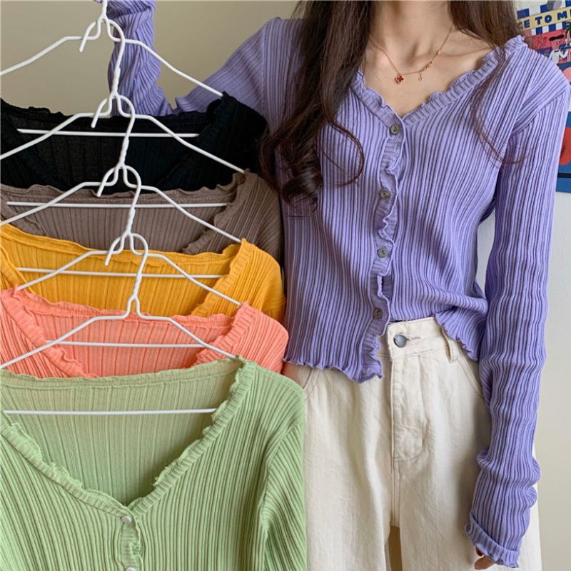 2023秋季新款韩版短款bm薄上衣长袖针织衫女紫色V领修身防晒开衫
