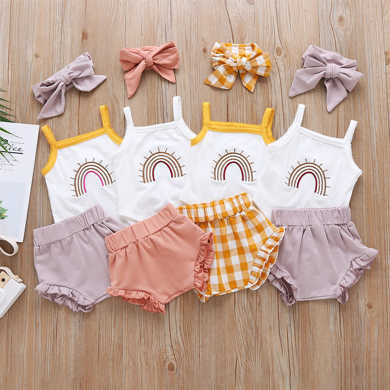 Summer Baby Girl   Romper Plaid Shorts Three-piece Baby Pants Set Fashion Baby Clothe display picture 2