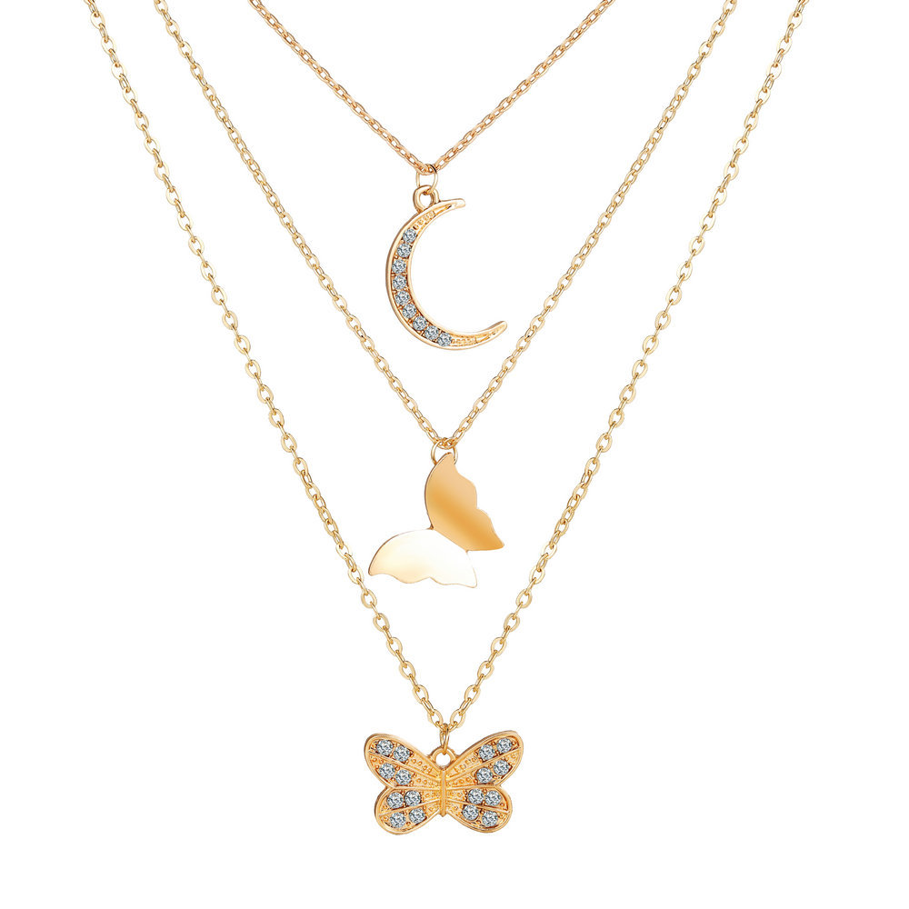 new inlaid rhinestone butterfly creative simple alloy three-layer necklace
