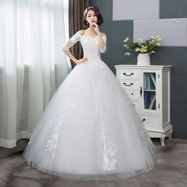 婚纱2024新款夏韩版一字肩新娘结婚齐地白色蕾丝大码修身显瘦婚纱