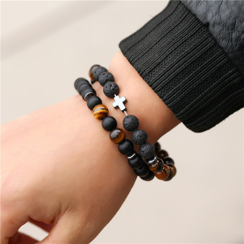 Fashion 8mm Black Frosted Tiger&#39;s Eye Volcanic Cross Bracelet Set display picture 3