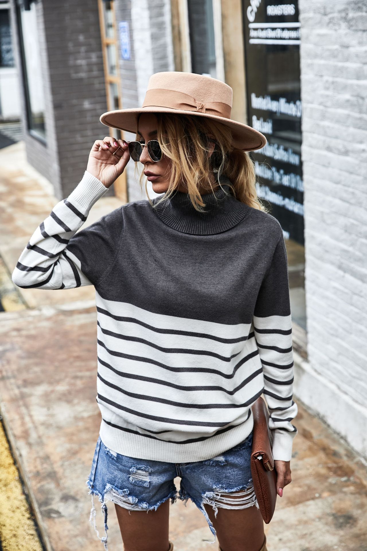 autumn and winter high-neck striped sweater blouse NSDY7671