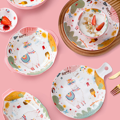 创意可爱羊驼餐具汤碗组合网红陶瓷家用碗碟釉下彩饭碗大汤碗面碗