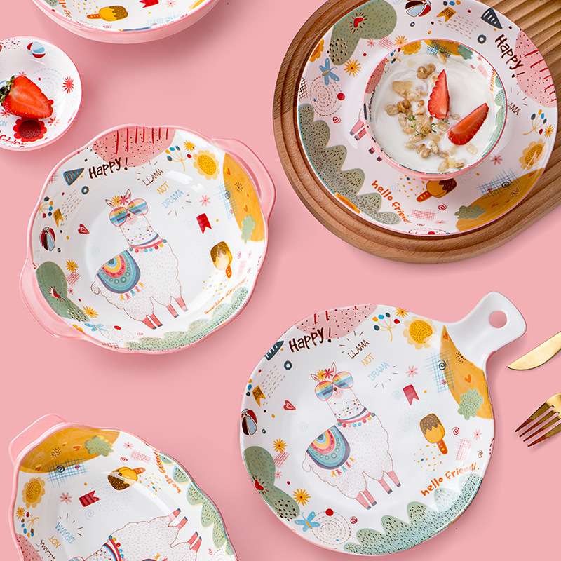 创意可爱羊驼餐具汤碗组合网红陶瓷家用碗碟釉下彩饭碗大汤碗面碗