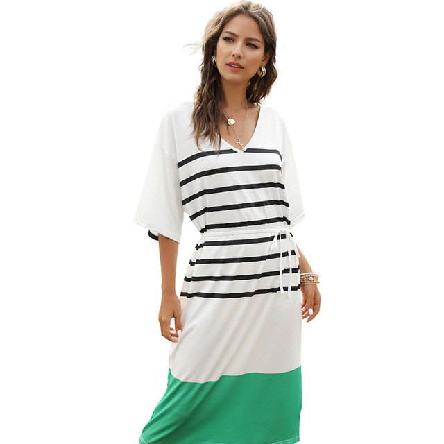 European and American stripe V-neck bat sleeve stripe dress