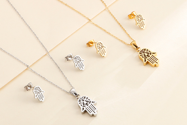 Stainless Ornament Kazam Palm Titanium Steel Pendant Fatima Hand Stainless Steel Necklace and Earrin