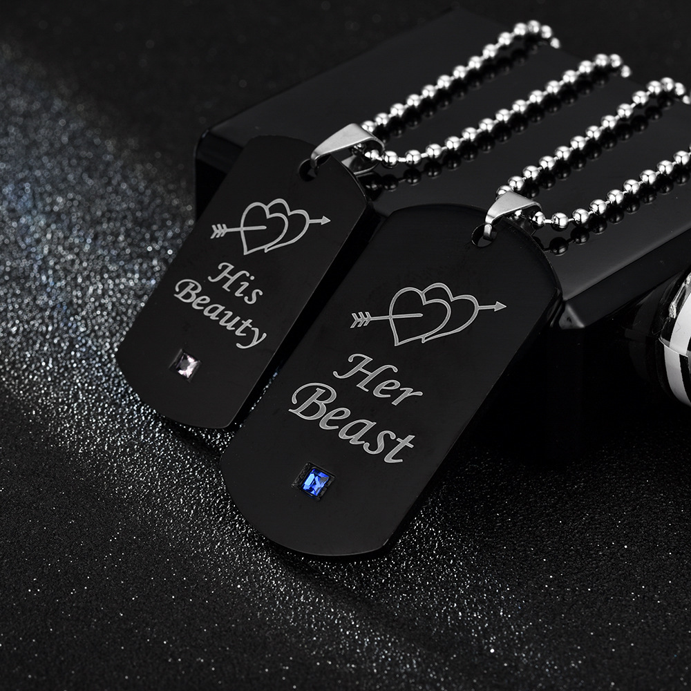 Black One Arrow Through The Heart Her Beast His Beauty Couple Diamond Tag Necklace Wholesale display picture 10