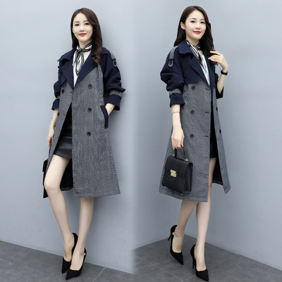 时尚女士外套2020春秋季款新款宽松女装格子拼接系带中长款风衣女|ru