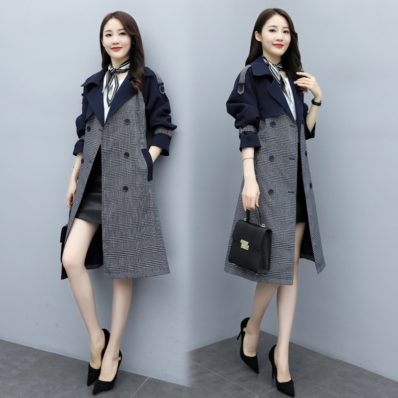 时尚女士外套2020春秋季款新款宽松女装格子拼接系带中长款风衣女|ru